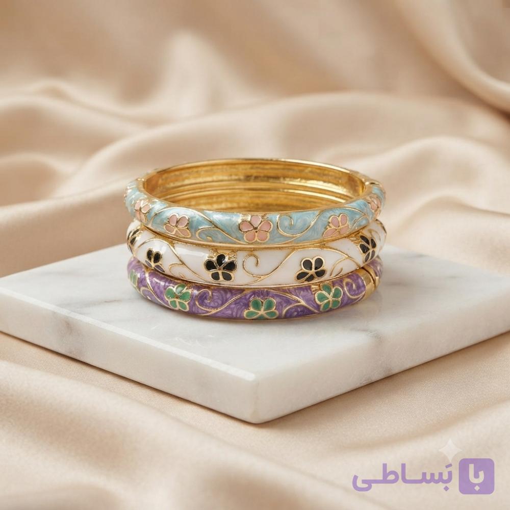 دستبند النگویی میناکاری آبی سفید بنفش — تصویر 1