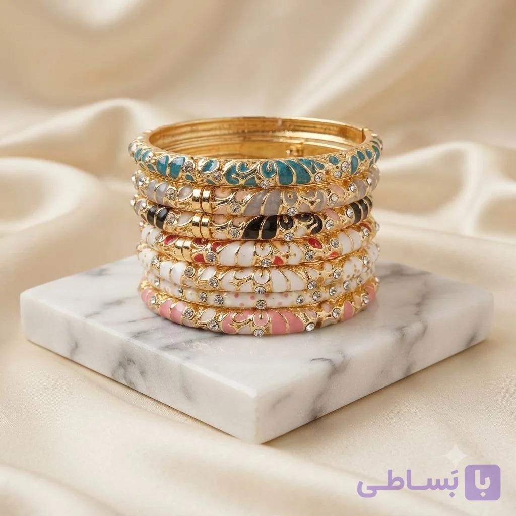 بنگل میناکاری رنگی ظریف نگین دار — تصویر 1
