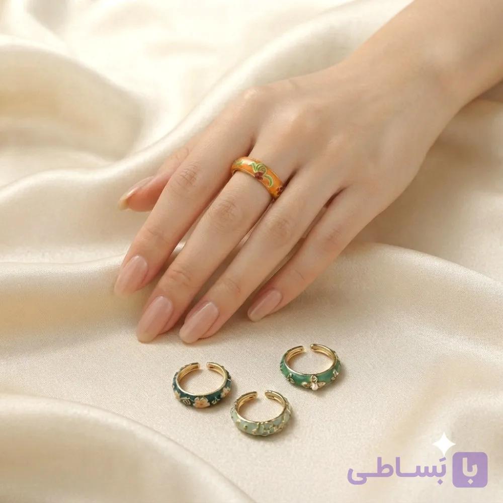 انگشتر میناکاری رنگ سبز و نارنجی — تصویر 1