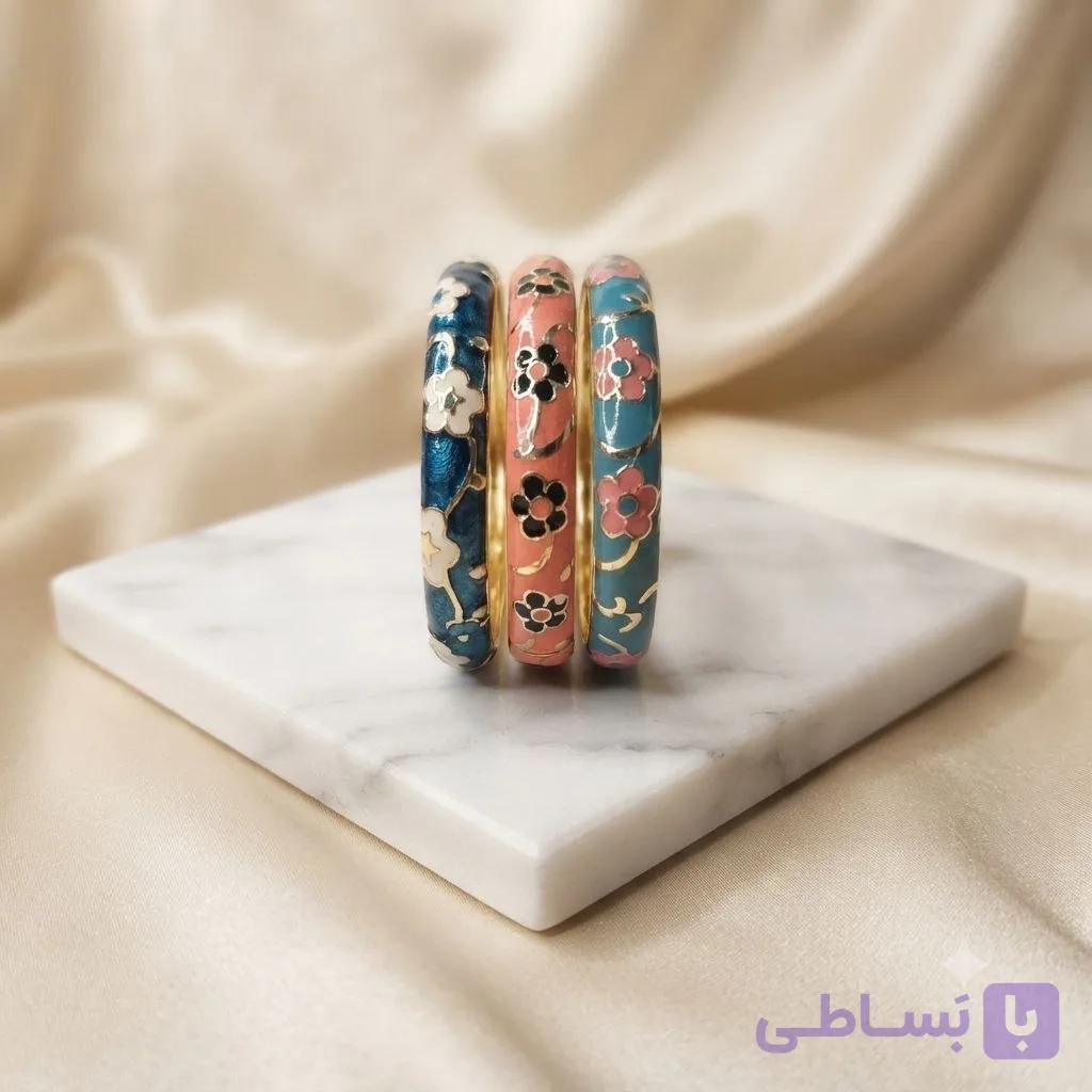 بنگل میناکاری گلدار استیل آبی صورتی فیروزه ای — تصویر 1