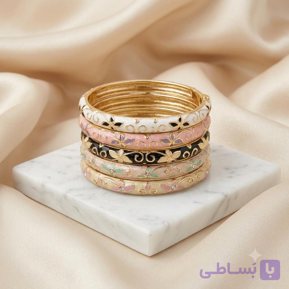 بنگل استیل میناکاری گلدار رنگی — تصویر 1