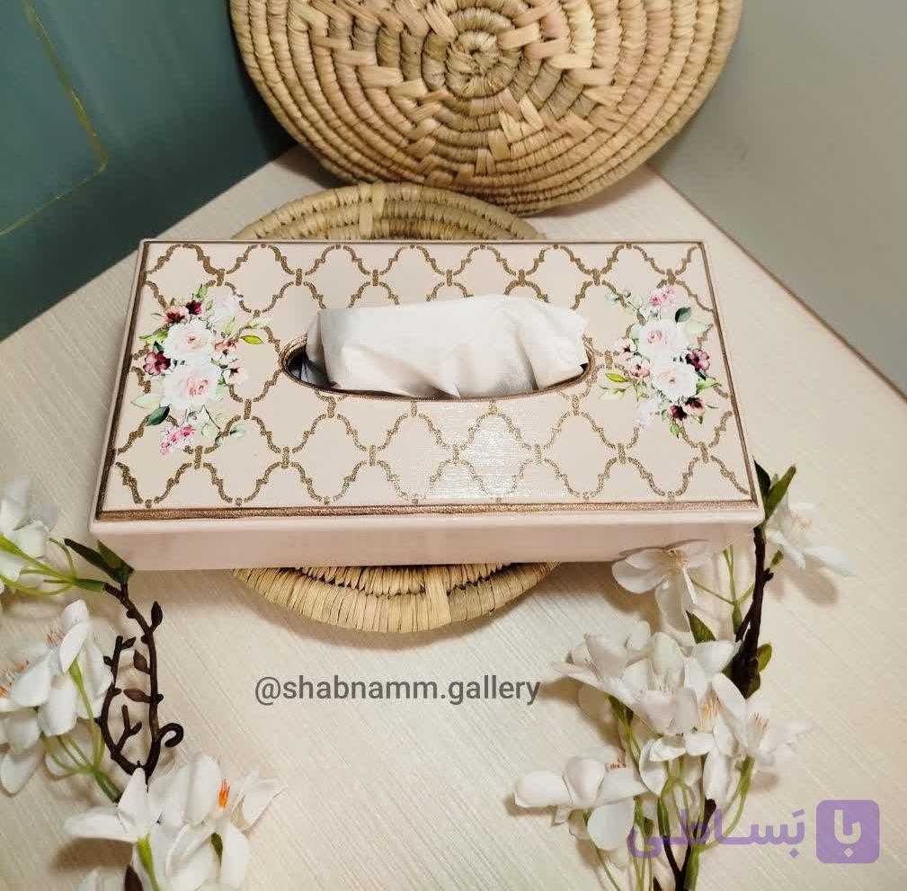 جا دستمال کاغذی چوبی دست‌ساز دکوپاژ و پتینه طرح شبکه‌ای مراکشی