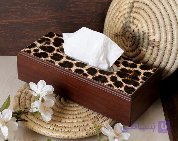 جا دستمال کاغذی چوبی دست‌ساز دکوپاژ و پتینه طرح گل آبی