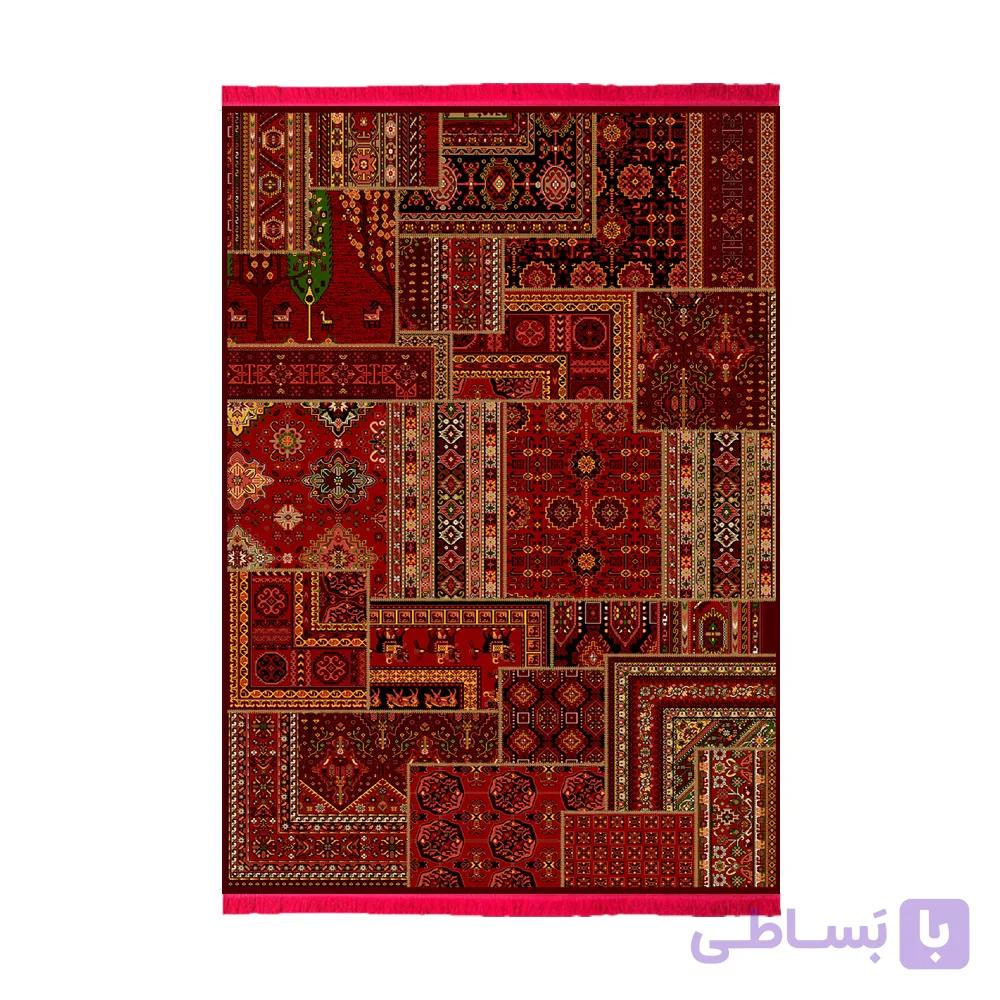 فرش ماشینی کاشان گبه سنتی طرح چهل تکه زمینه لاکی کد طرح 4109