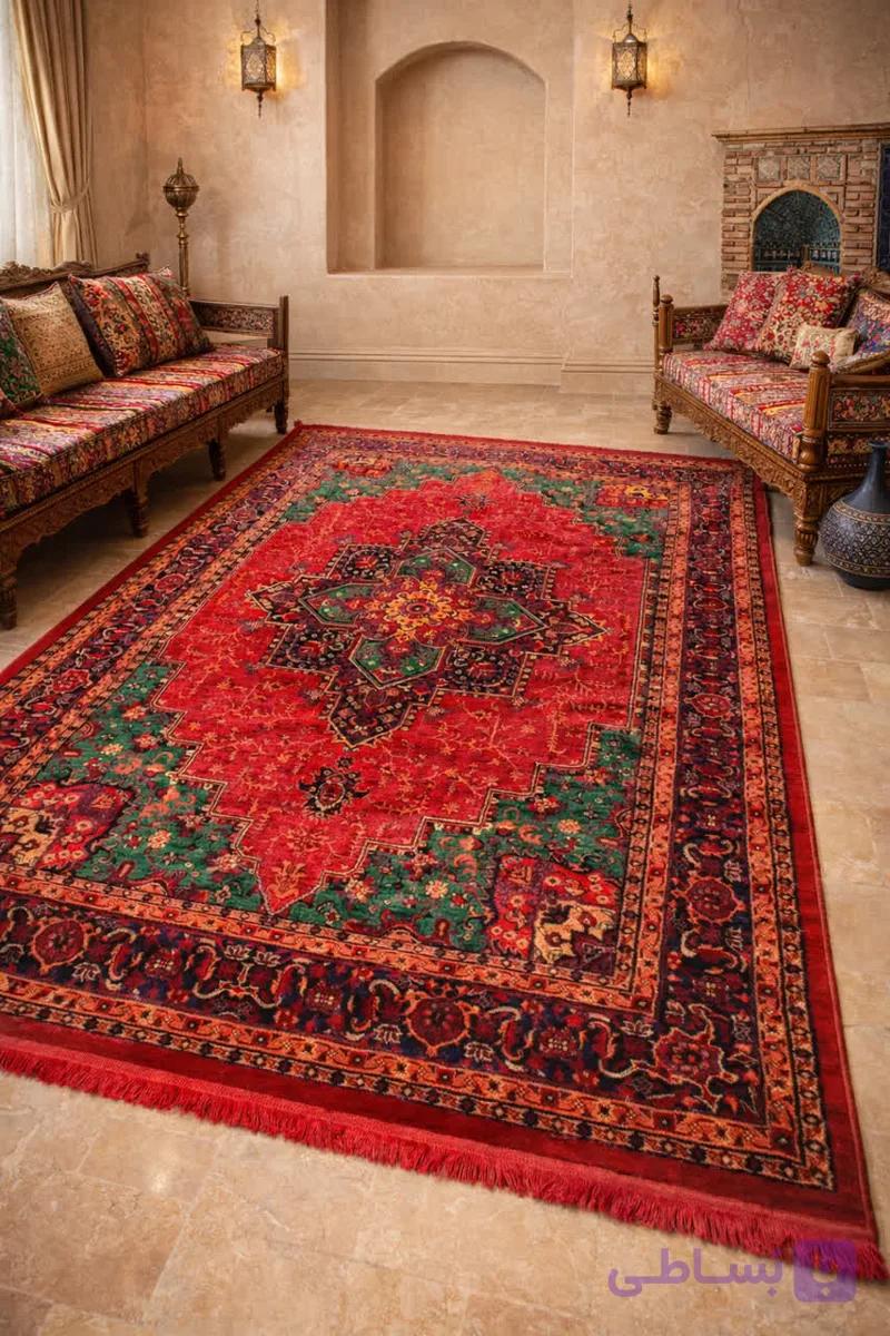 فرش طرح قجری ویژه رنگ لاکی و سبز کد طرح 4122