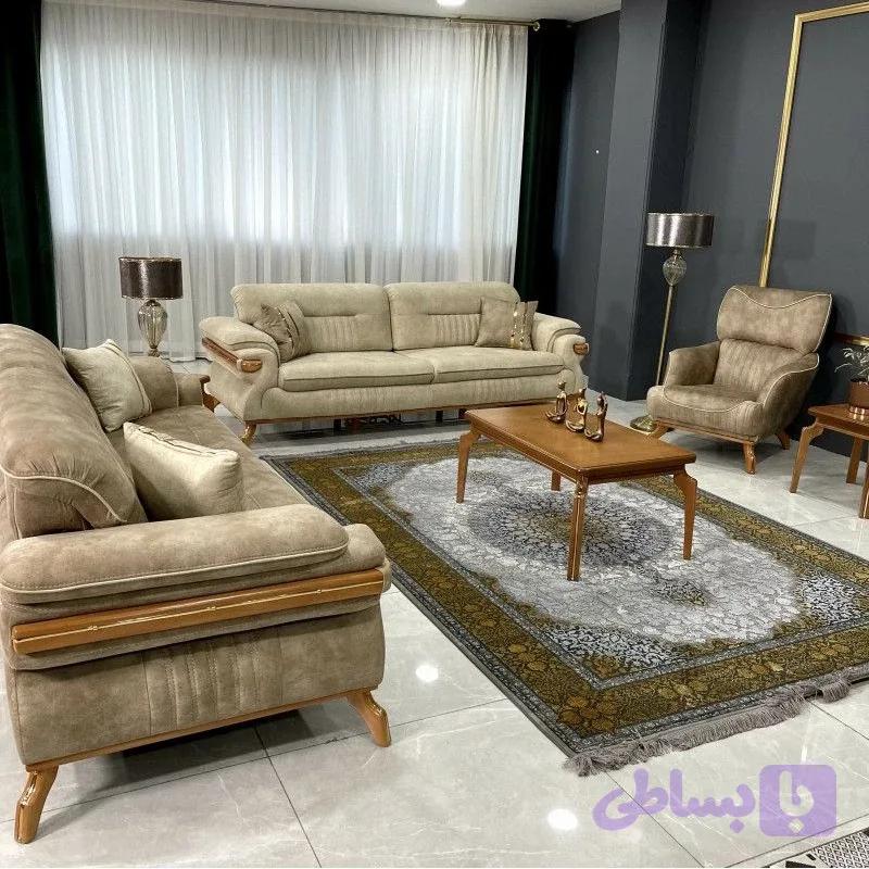 مبل راحتی تخت خوابشو ست 8 نفره مدل لورنت با رو کش پارچه و دارای 4 عدد کوسن