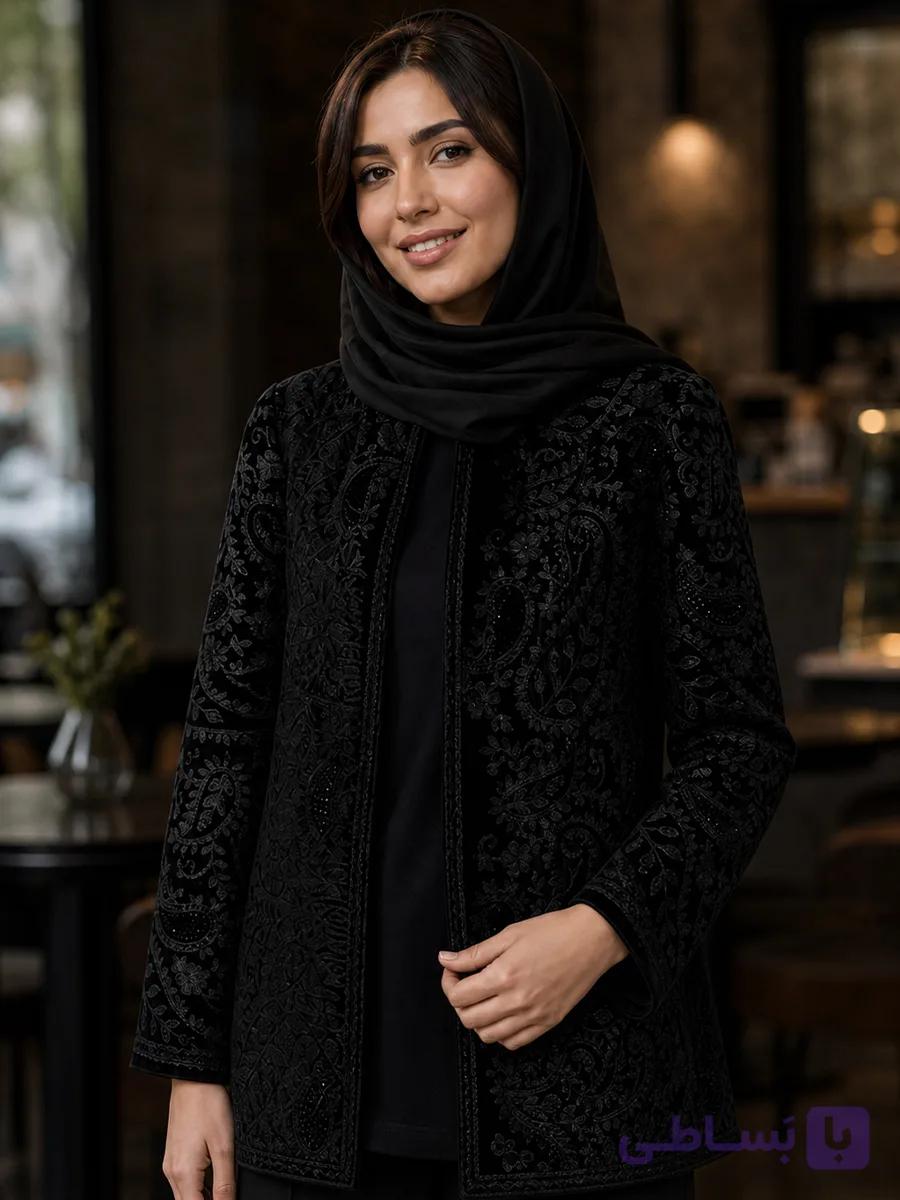 کت مخمل مشکی سوزن دوزی بته جقه – نسخه خاص و تک‌نمونه نخل | گالری نخل — تصویر 1