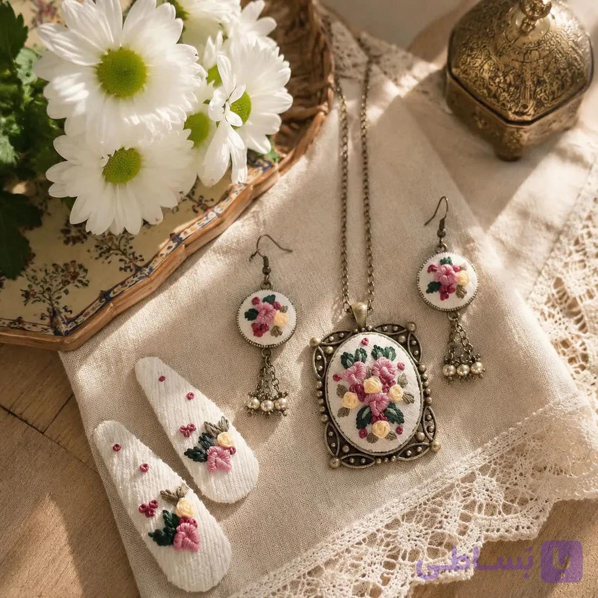 نیم ست گلدوزی گلهای بهاری