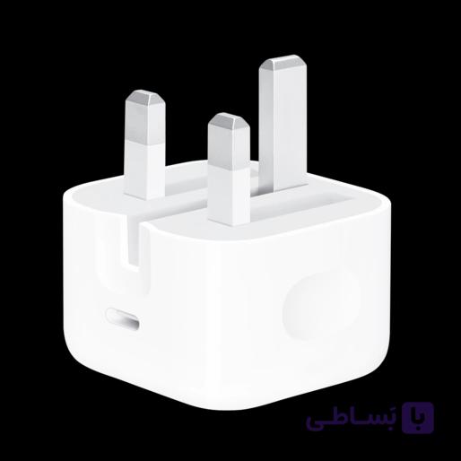 شارژر دیواری 20 وات اپل مدل 20W USB-C با اتصال به پریز سه پین و تکنولوژی شارژ سریع شارژ سریع USB PD 1.0، دارای یک عدد درگاه خروجی USB Type-C و قابلیت شارژ لپ تاپ