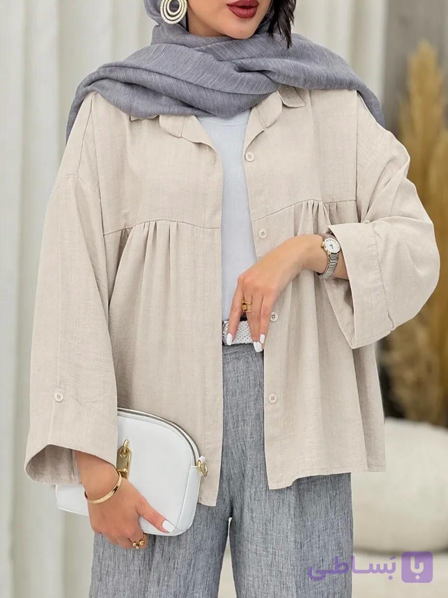 شومیز کراپ زنانه لینن مدل عروسکی کرم خاکی