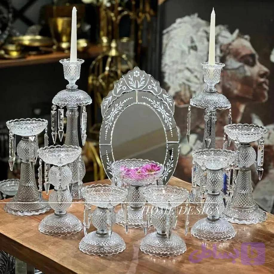 سرویس هفت سین ۹ تکه بلور باکارا مدل الماسین - شامل ۷ ظرف پایه‌دار و ۲ شمعدان بلند