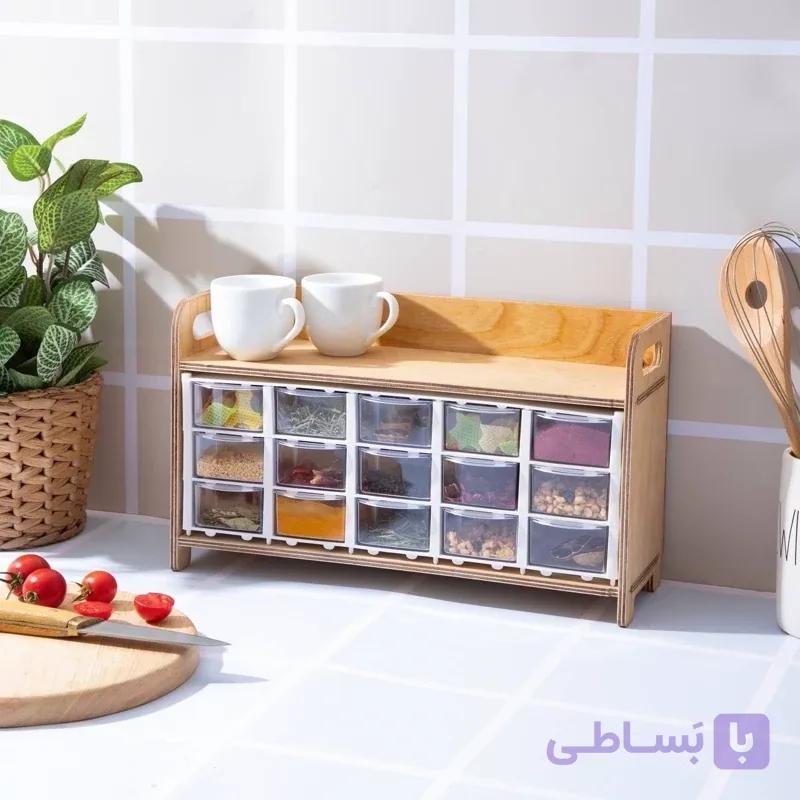 جا ادویه 15 کشو استند چوبی دسته دار