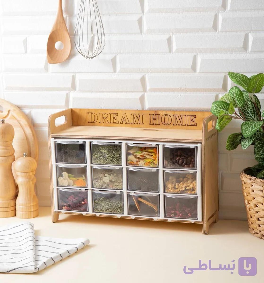 جا ادویه 12 کشو استند چوبی دسته دار