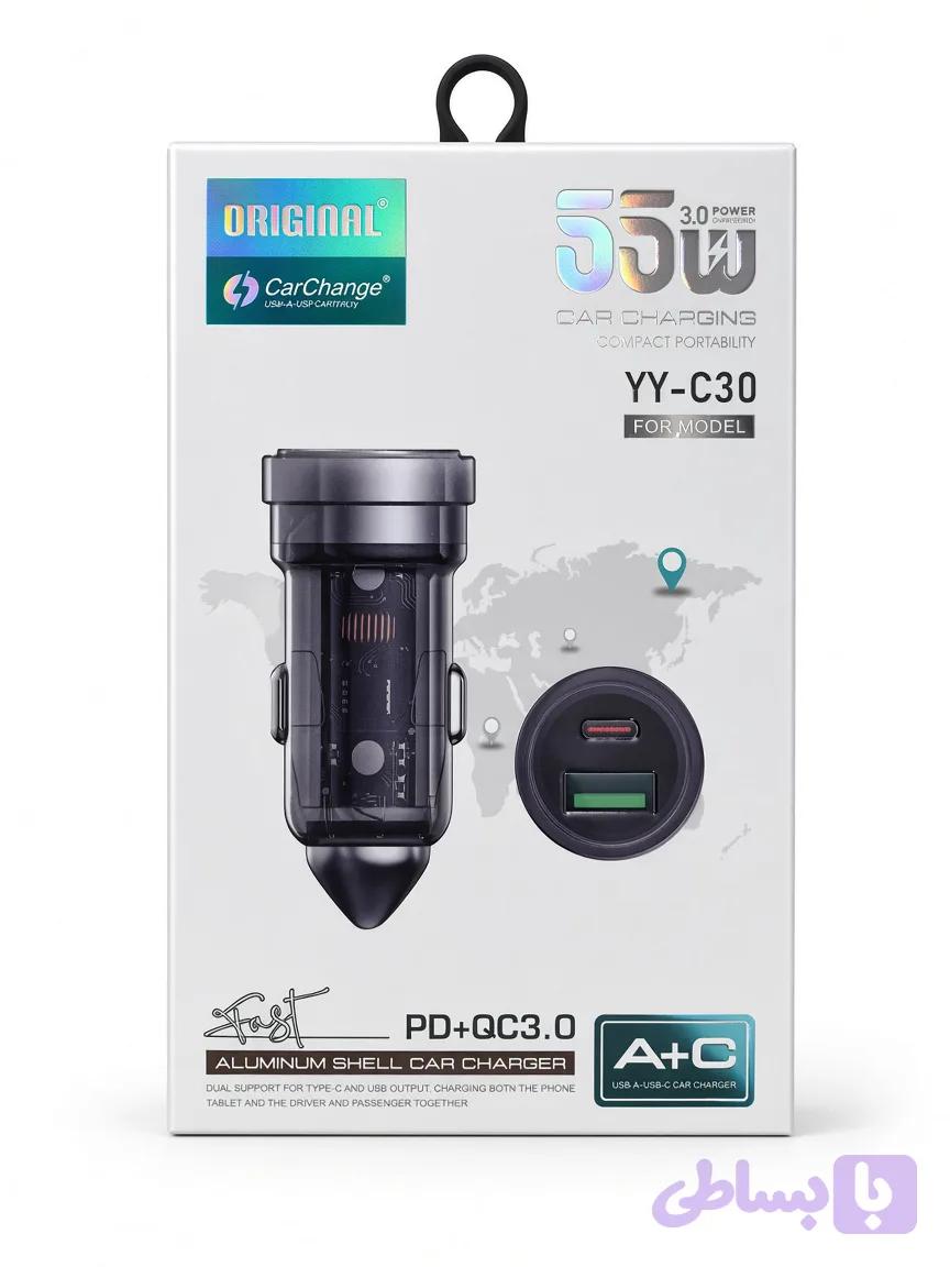 شارژر فندکی اورجینال CarCharge مدل YY-C30 با توان ۵۵ وات دو پورت (USB-A + Type-C) آلومینیومی — تصویر 1