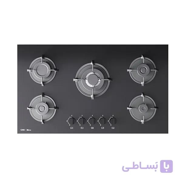 گاز رومیزی شیشه ای برند کن مدل MENSA اجاق گاز 5 شعله شیشه مشکی با شعله پلوپز وسط
