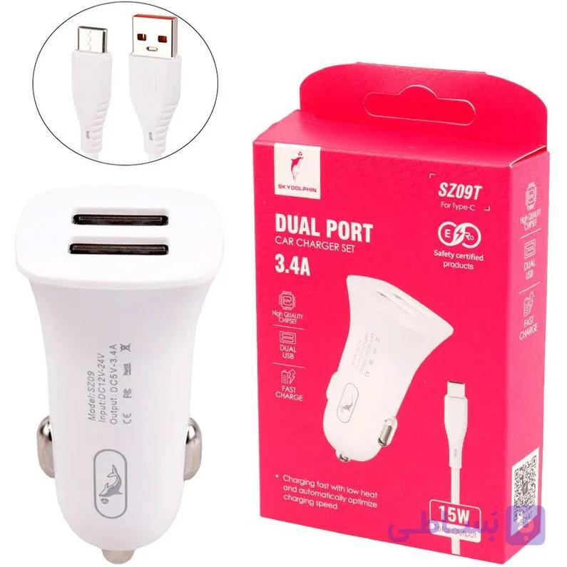 شارژر فندکی اسکای دلفین مدل SZ09T توان ۱۵ وات با کابل تایپ سی — تصویر 1