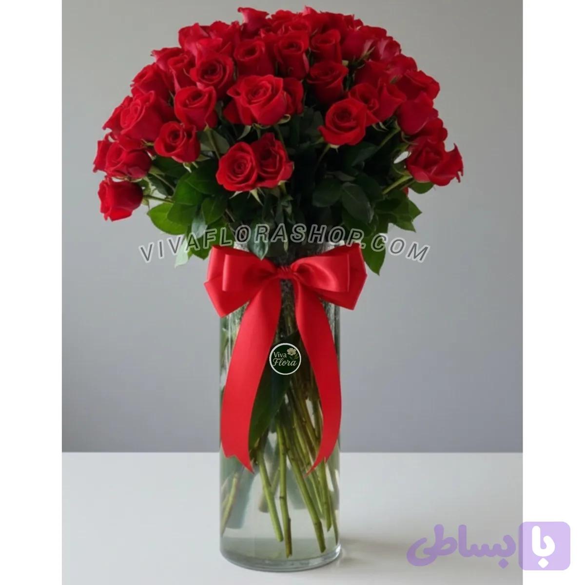 جار گل رز قرمز 50 شاخه