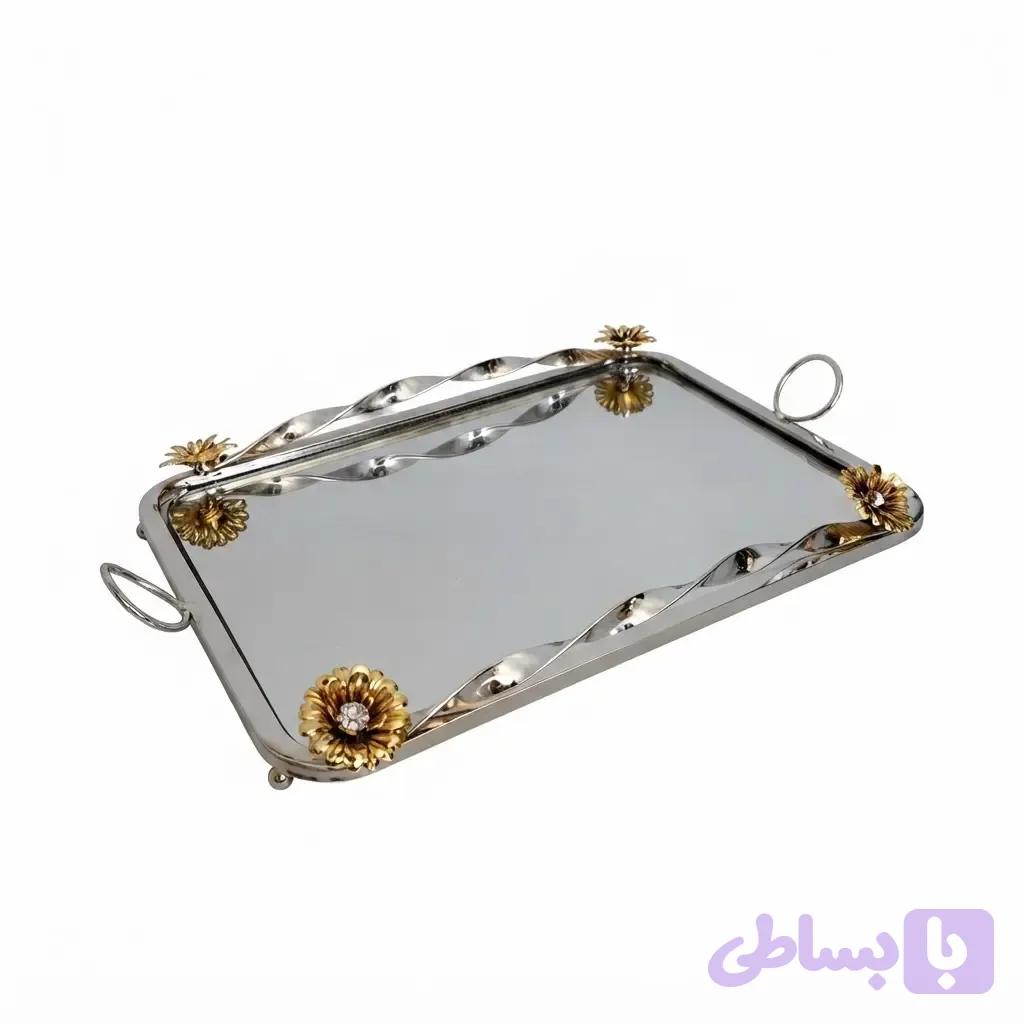 سینی پذیرایی کف آینه ای مستطیلی گلستان آبکاری شده — تصویر 1