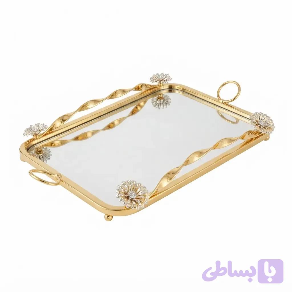 سینی پذیرایی کف آینه ای مستطیلی گلستان آبکاری شده — تصویر 1