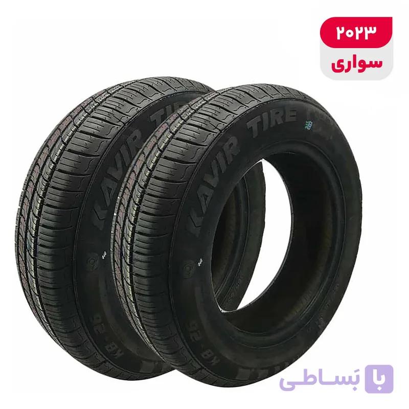 لاستیک خودرو رادیال کویر تایر مدل KB26 با کاربری سواری و سایز رینگ 13 اینچ، فاق 65 درصد پهنا و پهنای 165 میلی‌متر، شاخص تحمل وزن 77 و شاخص سرعت T (حداکثر سرعت 190 کیلومتر بر ساعت)، ساخت ایران، دارای تایر تیوبلس، 2 حلقه — تصویر 1