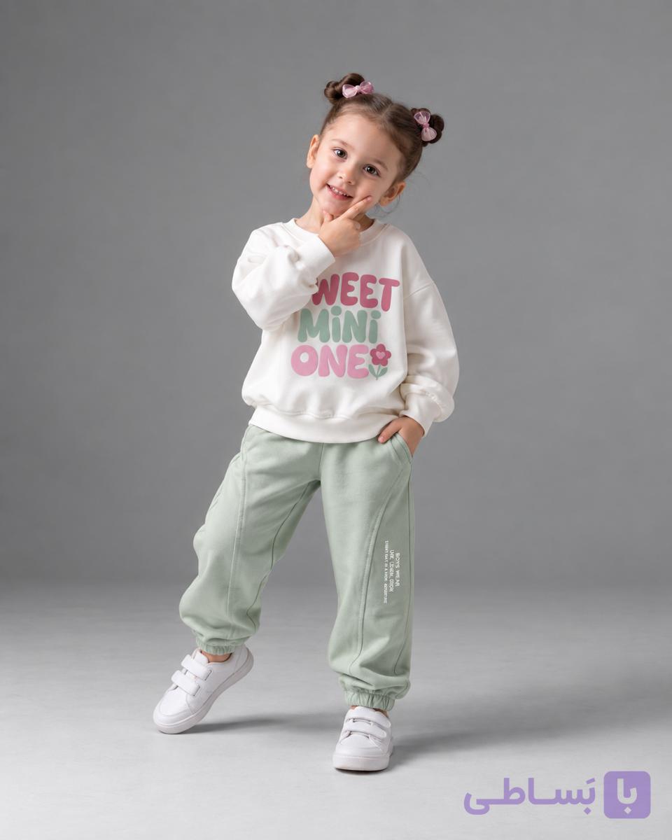ست بلوز شلوار دخترانه طرح SWEET MINI ONE رنگ سبز پاستلی