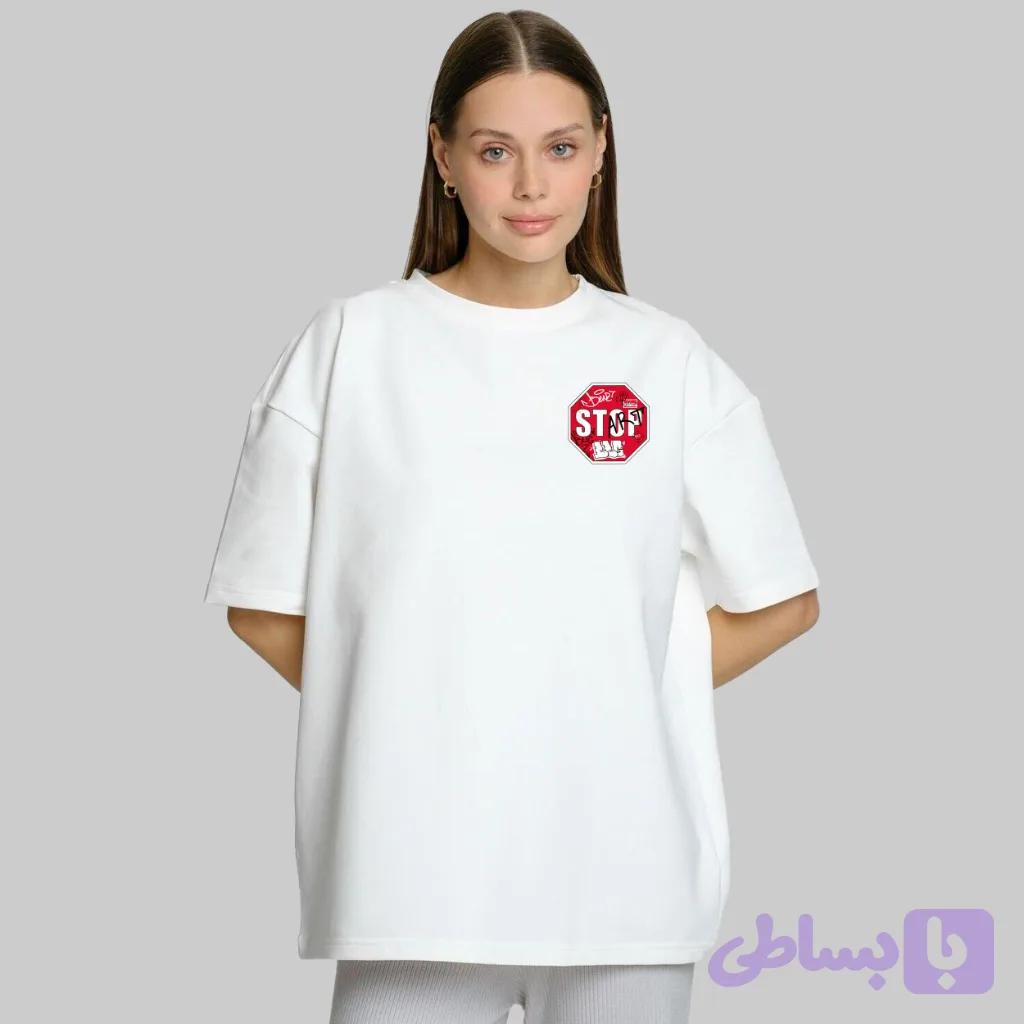 تیشرت زنانه باکسی STOP کد 21442448 — تصویر 1