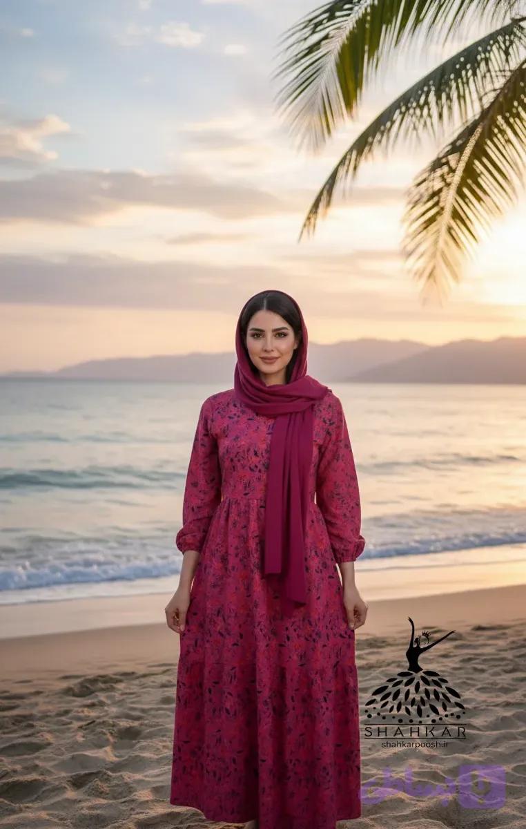 پیراهن ساحلی زنانه کرپ پفکی بلند گلدار — تصویر 1