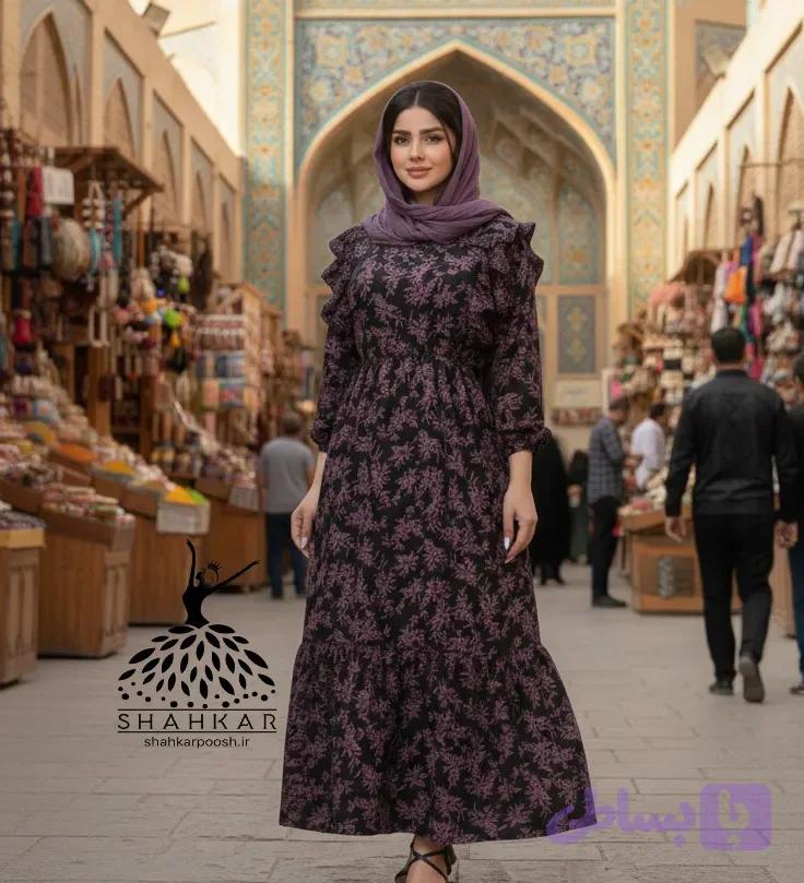 پیراهن زنانه گلدار کرپ نخ عروسکی — تصویر 1