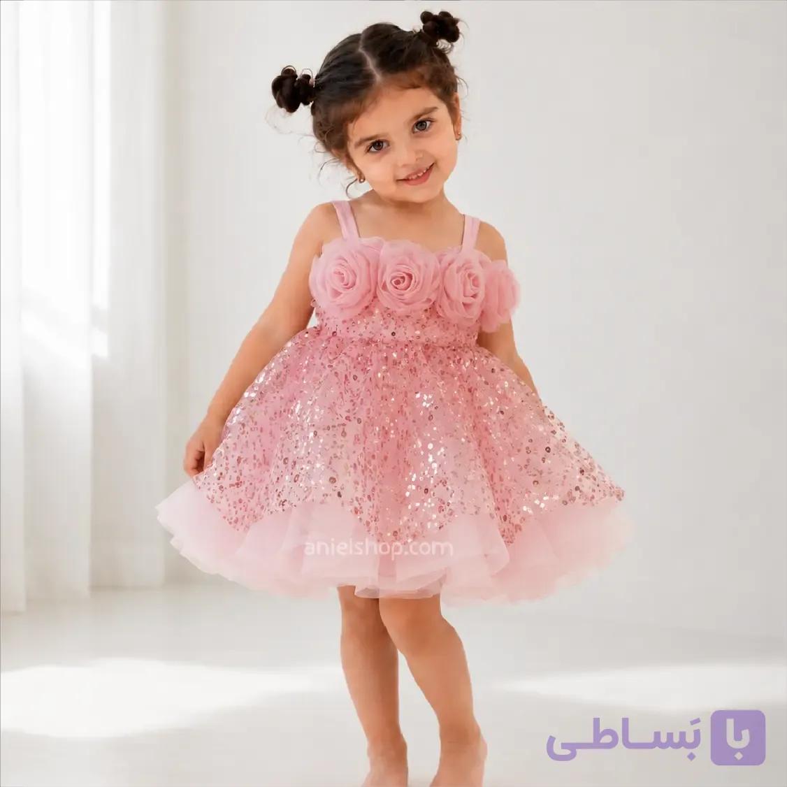 پیراهن مجلسی دخترانه صورتی نگین دار 1 تا 10 سال