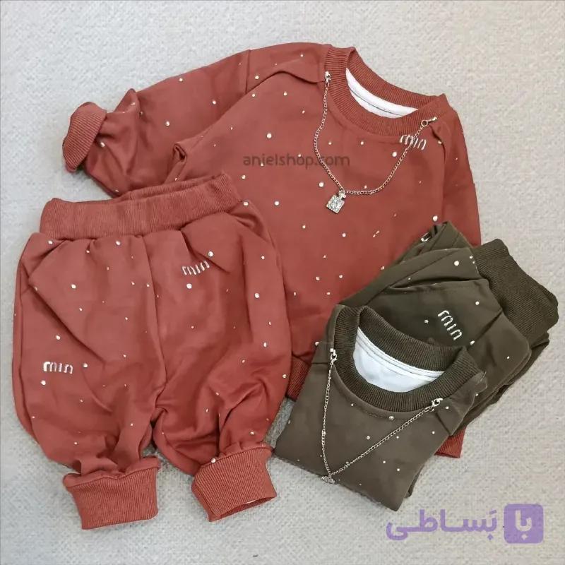 ست دخترانه پاییزه نگین‌دار ۱ تا ۶ سال | دورس و شلوار همراه زنجیر