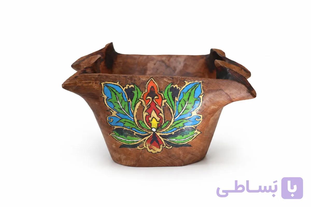 کاسه میوه چوبی بلوط با نقاشی سنتی و لبه ارگانیک | اثر هنری دکوراتیو — تصویر 1