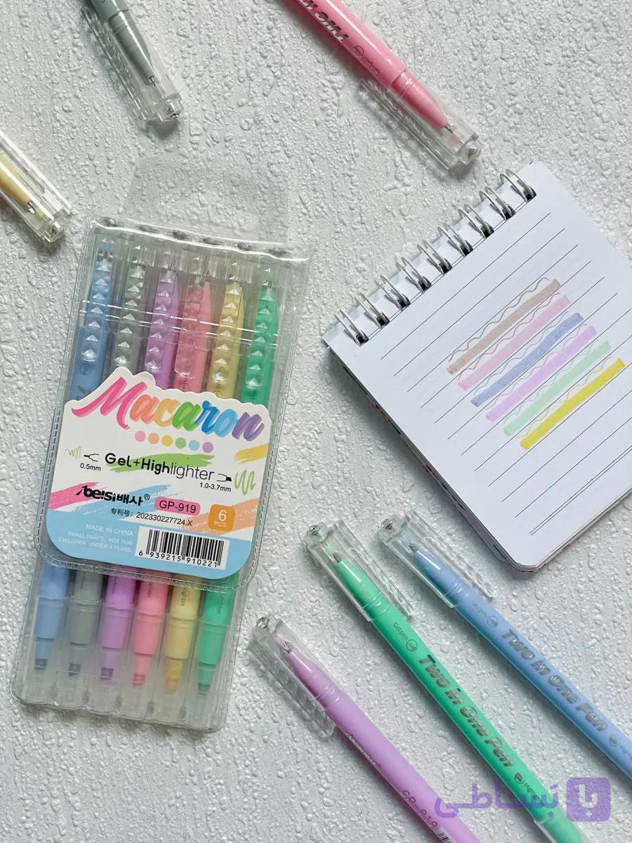 پک ۶ رنگ هایلایتر روان نویس پاستلی برند macaron — تصویر 1