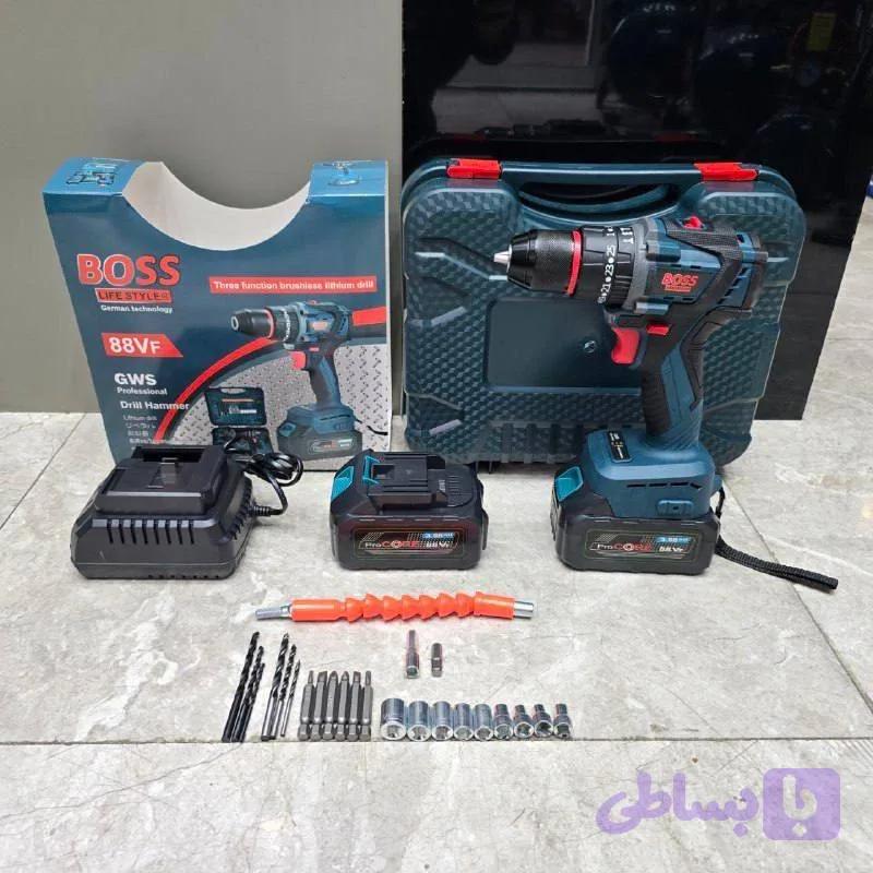 دریل شارژی براشلس چکشی ۸۸ ولت دو باتری باس boss — تصویر 1