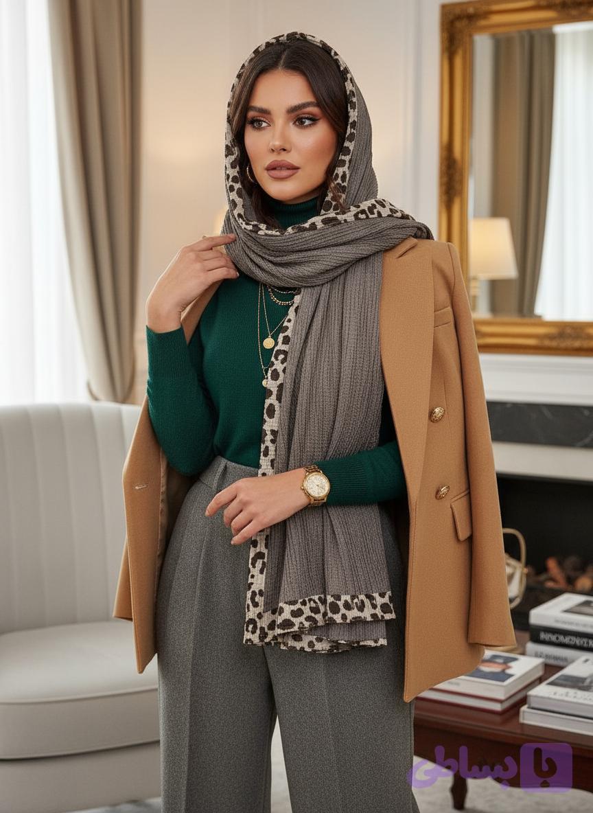 شال نخ پاییزه زنانه دو رو مدل تک رنگ با حاشیه پلنگی شیک