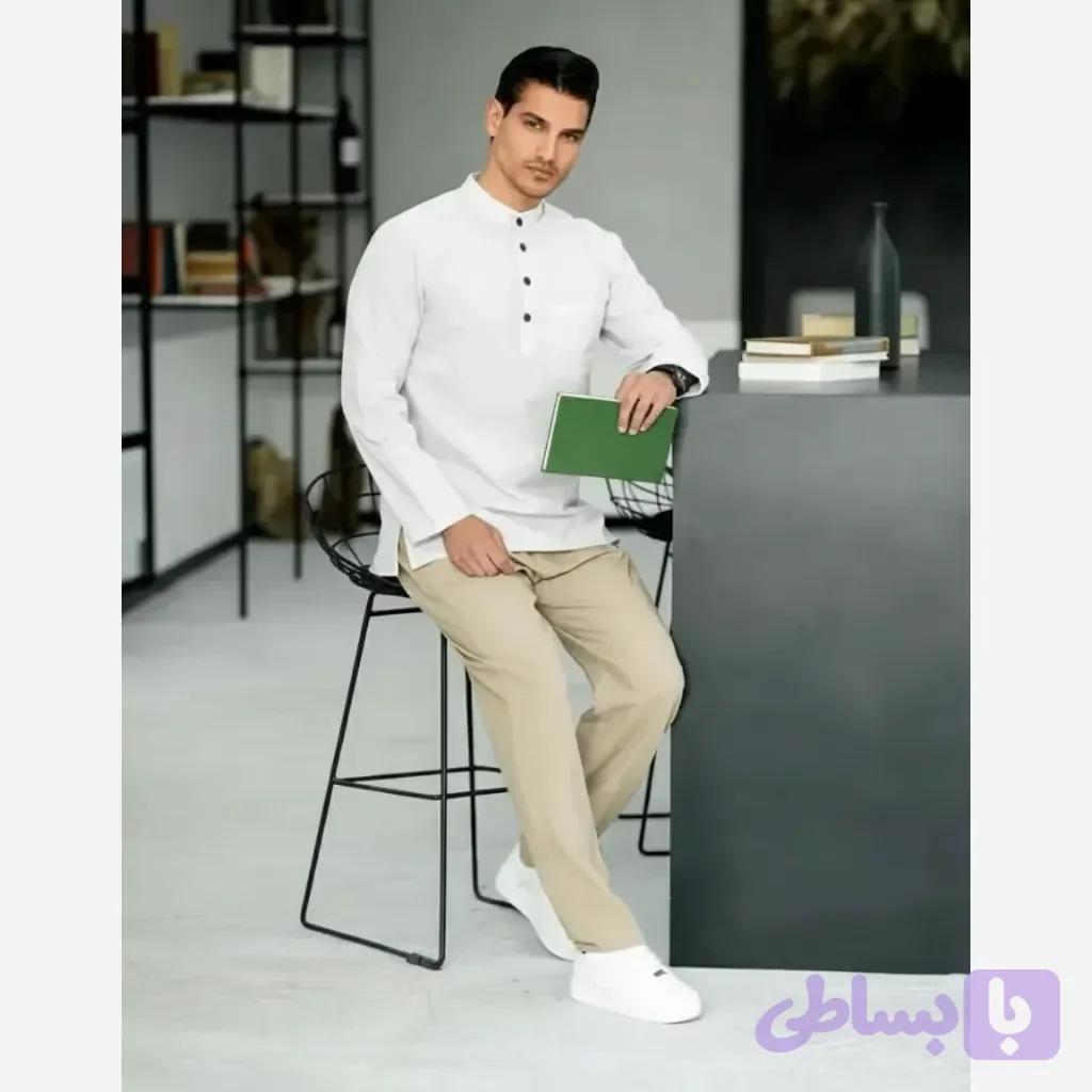 پیراهن مردانه الیاف طبیعی 100 درصد پنبه مدل آرین رنگ سفید