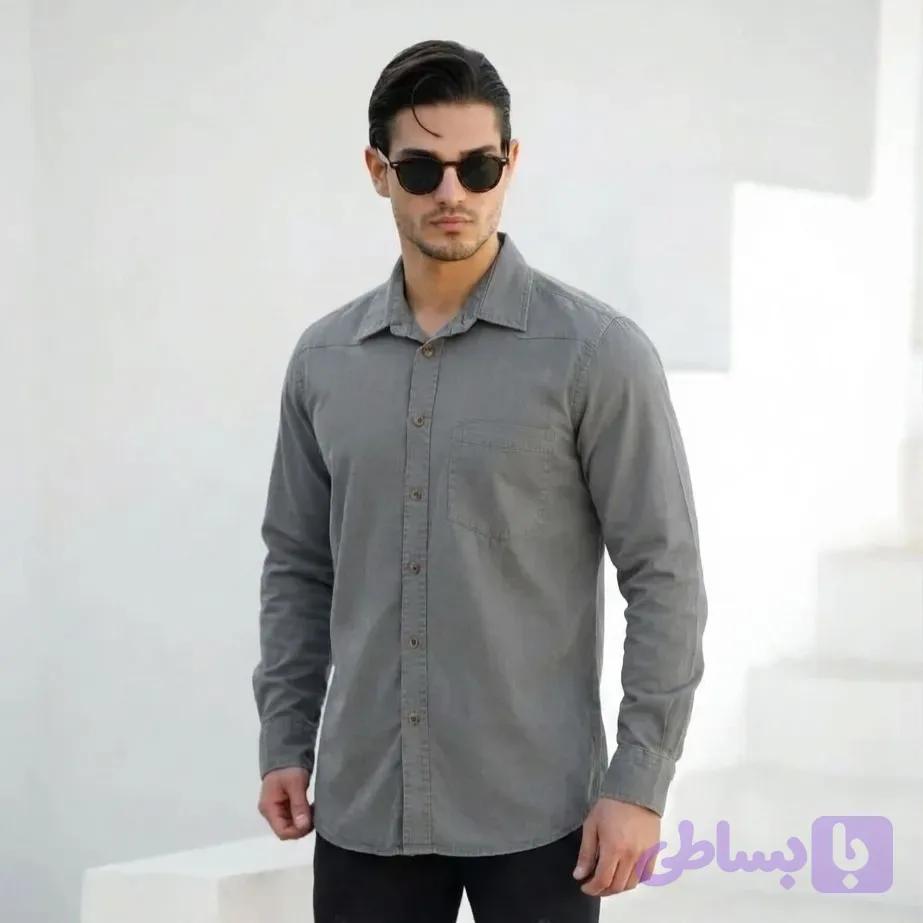 پیراهن کتان مردانه مدل تک جیب رنگ طوسی