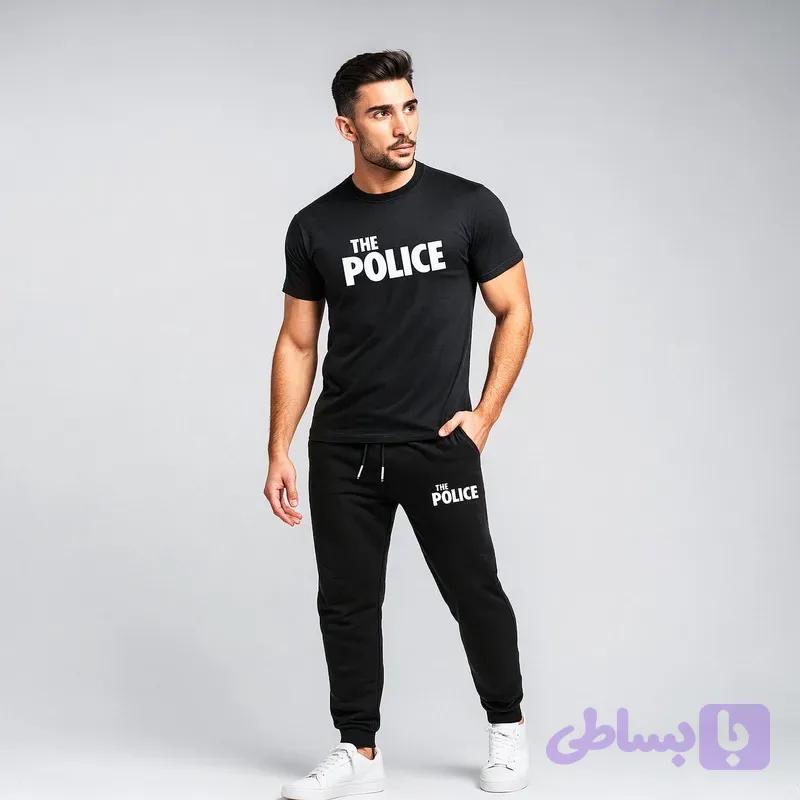ست تیشرت و شلوار مردانه طرح Police کد 0062 جنس نخ آستین کوتاه