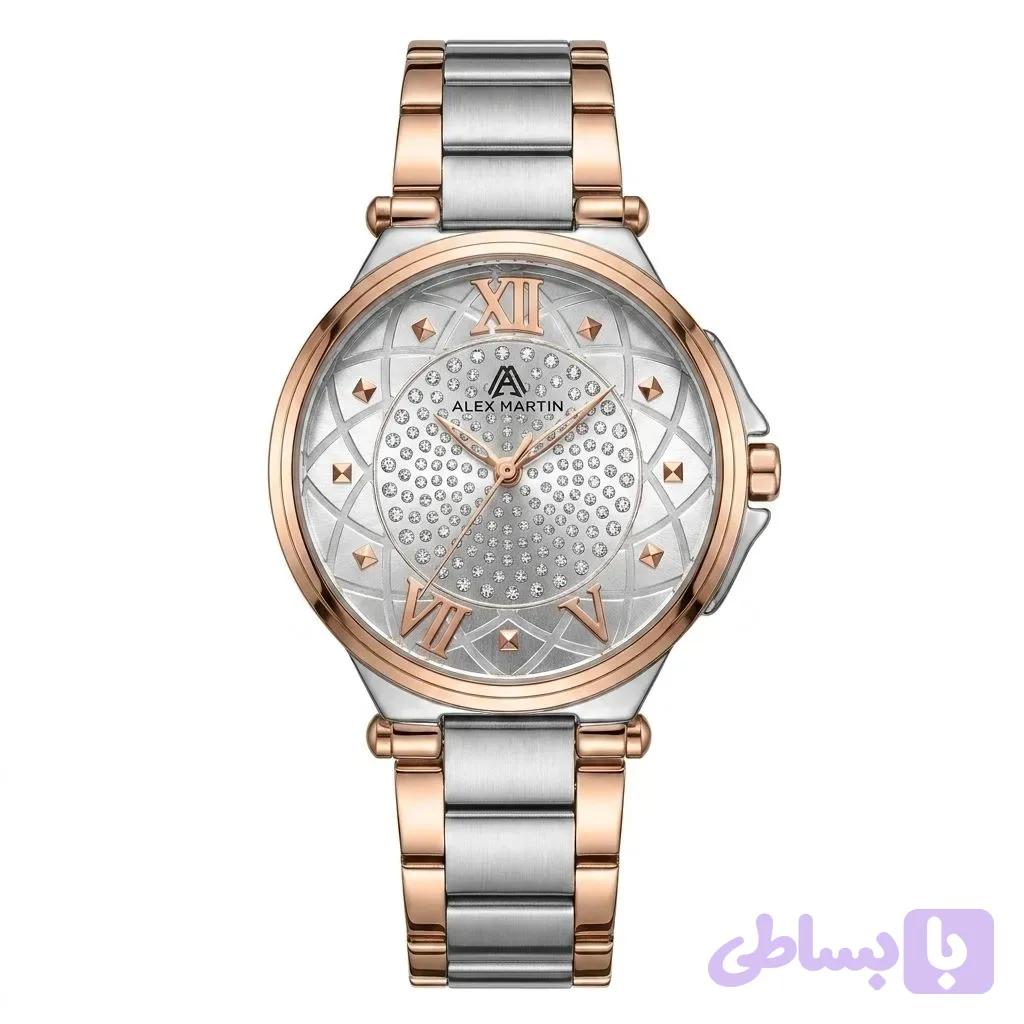 ساعت مچی زنانه الکس مارتین مدل 8016 استیل رزگلد صفحه سفید با موتور ژاپن