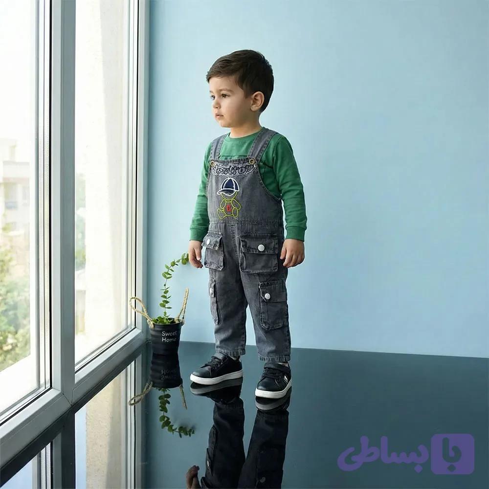 بیلر نوزادی پسرانه جین طرح کلاه رنگ زغال سنگی سایز 6 تا 18 ماه