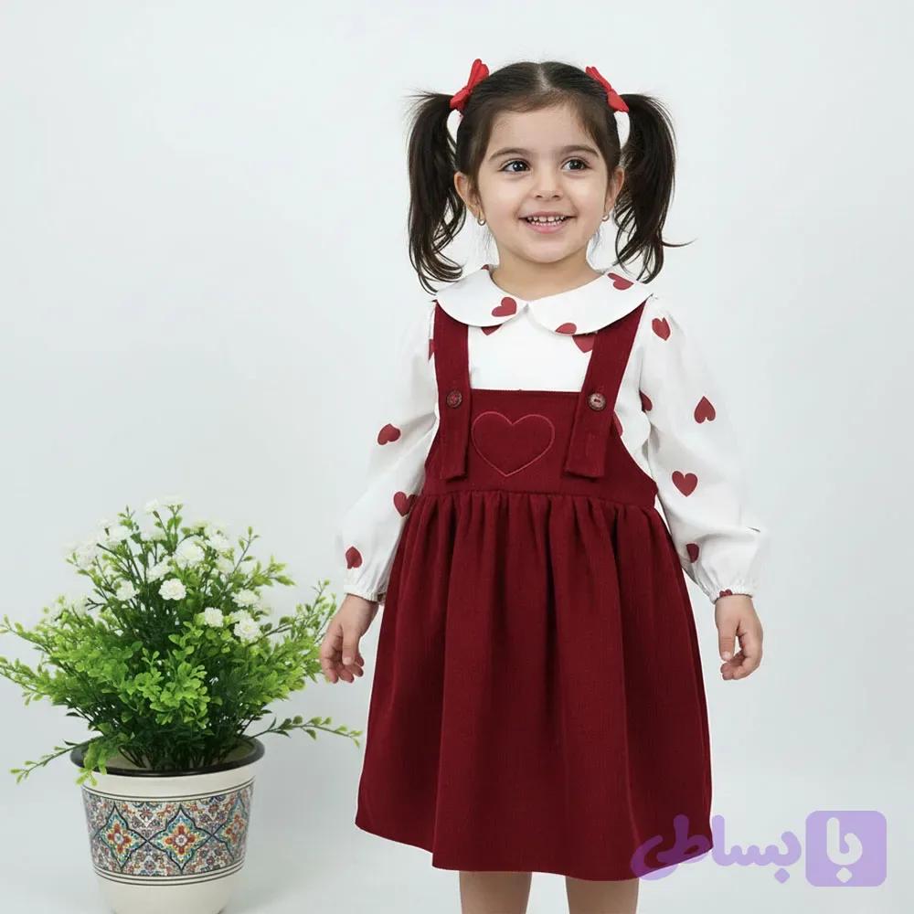 ست شومیز و سارافون دخترانه طرح قلب قرمز مخمل مناسب مجالس و یلدا