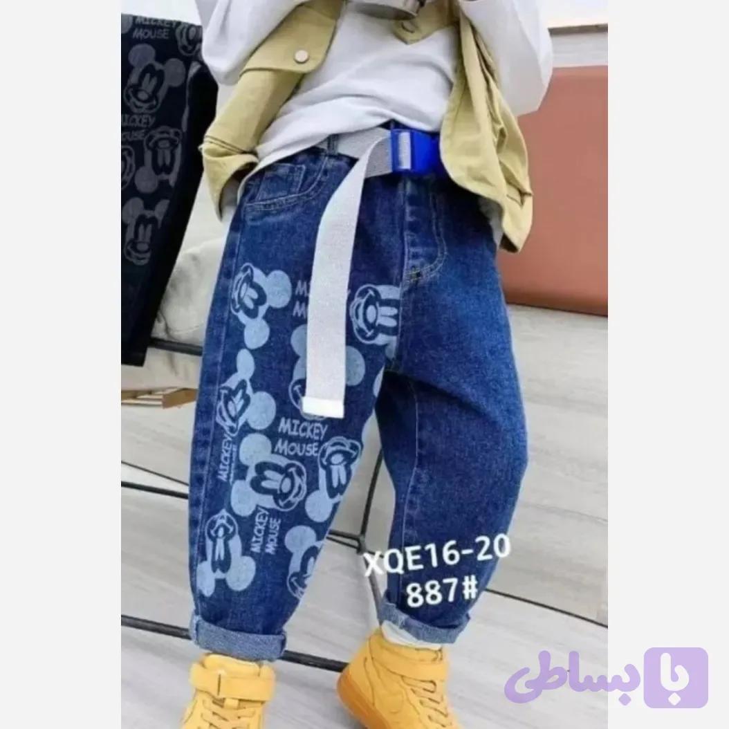 شلوار جین بچگانه طرح میکی موس وارداتی آبی رنگ