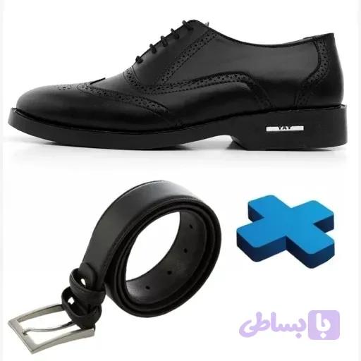 ست کفش مردانه مدل رویال و کمربند چرم صنعتی مشکی