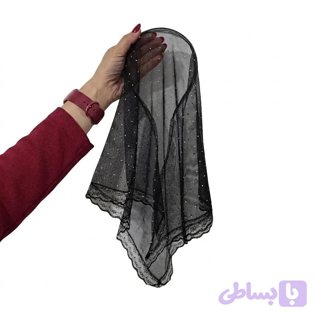 مینی اسکارف مجلسی نگین دار دور دانتل تل دار زنانه سایز 70×70 مشکی