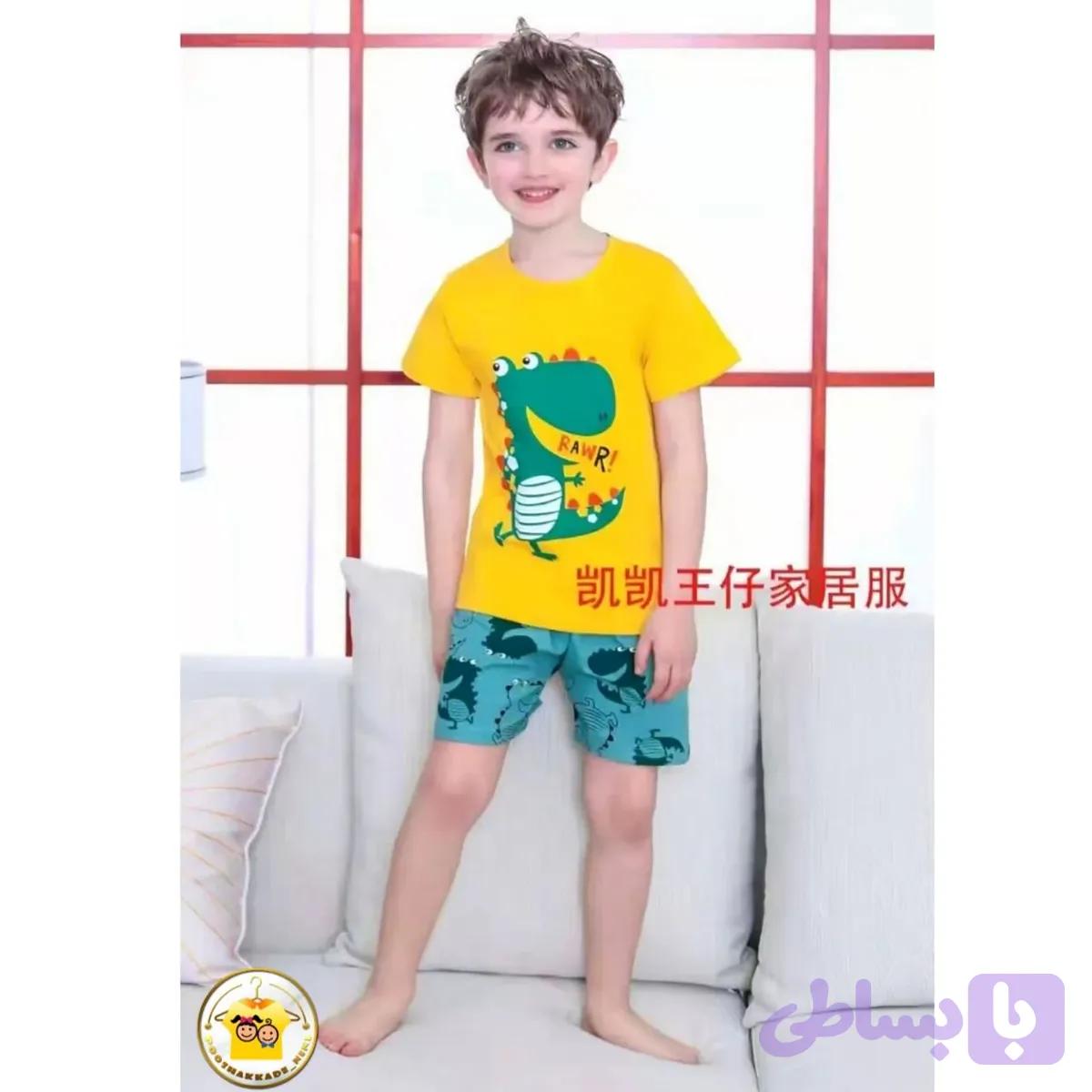 ست تیشرت و شلوارک بچگانه طرح دایناسور جنس نخ پنبه