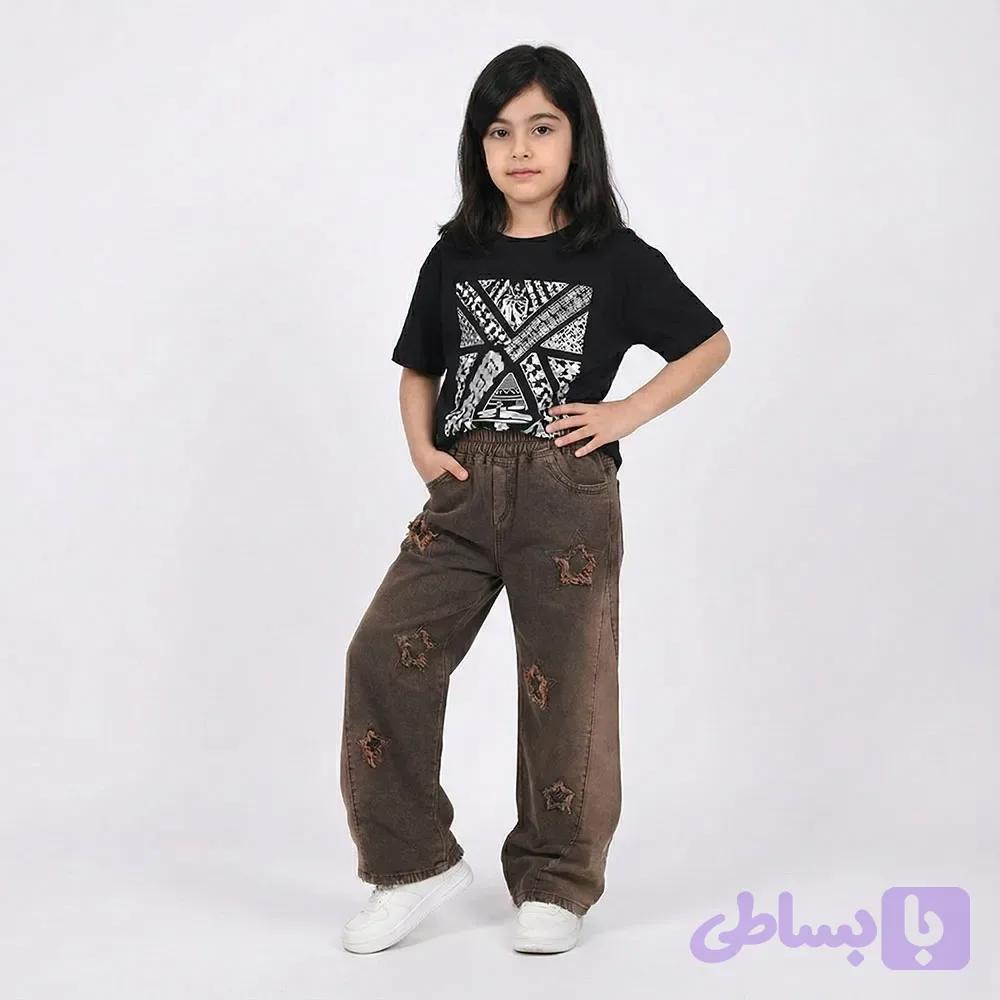 شلوار جین دخترانه مدل شافل زغال سنگی 4 تا 9 سال