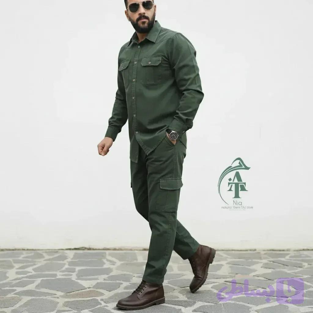 ست پیراهن و شلوار کتان مردانه مدل یاشیل رنگ سبز یشمی