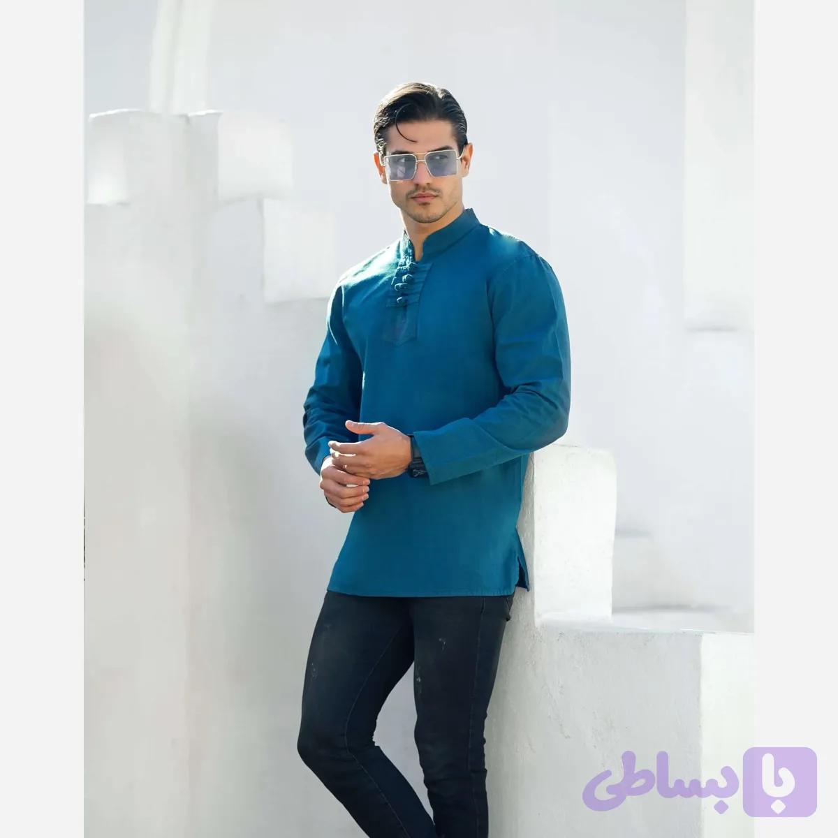 پیراهن مردانه الیاف طبیعی 100 درصد پنبه مدل گرهای رنگ آبی نفتی