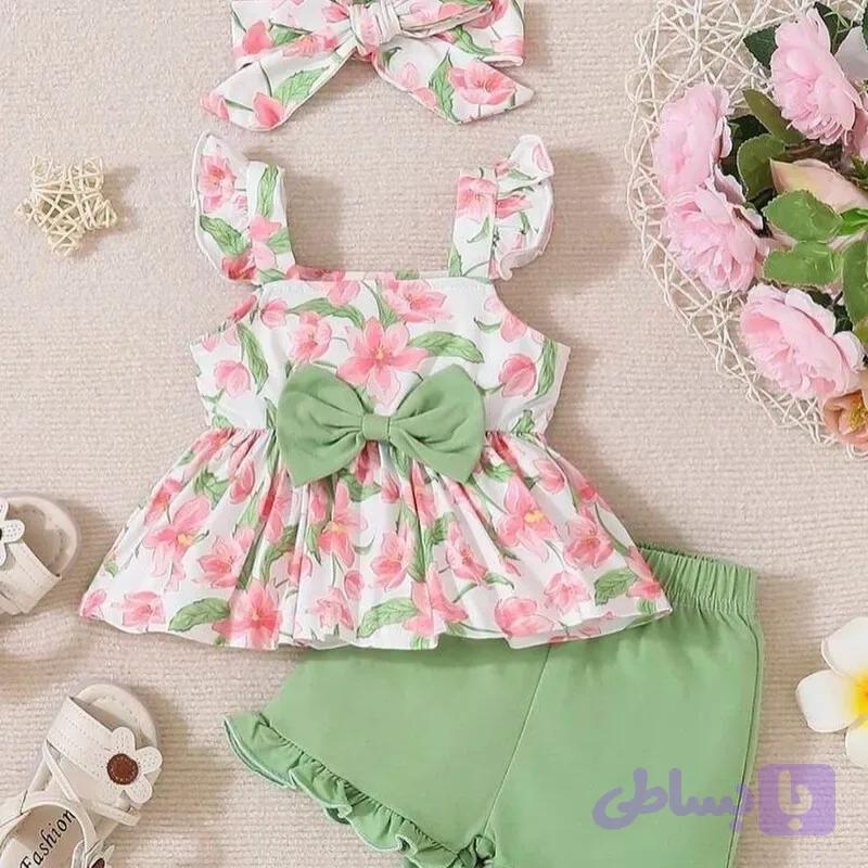 تاپ و شلوارک کرپ شیک دخترانه مناسب 3 ماه تا 6 سال
