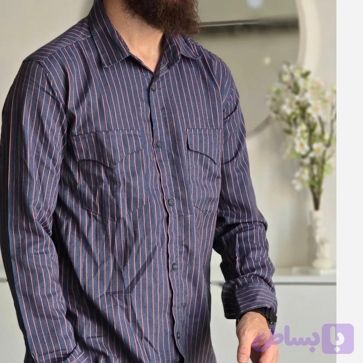 پیراهن جین آستین بلند دو جیب مردانه پارچه جین کاغذی کشی سایز M تا XXL