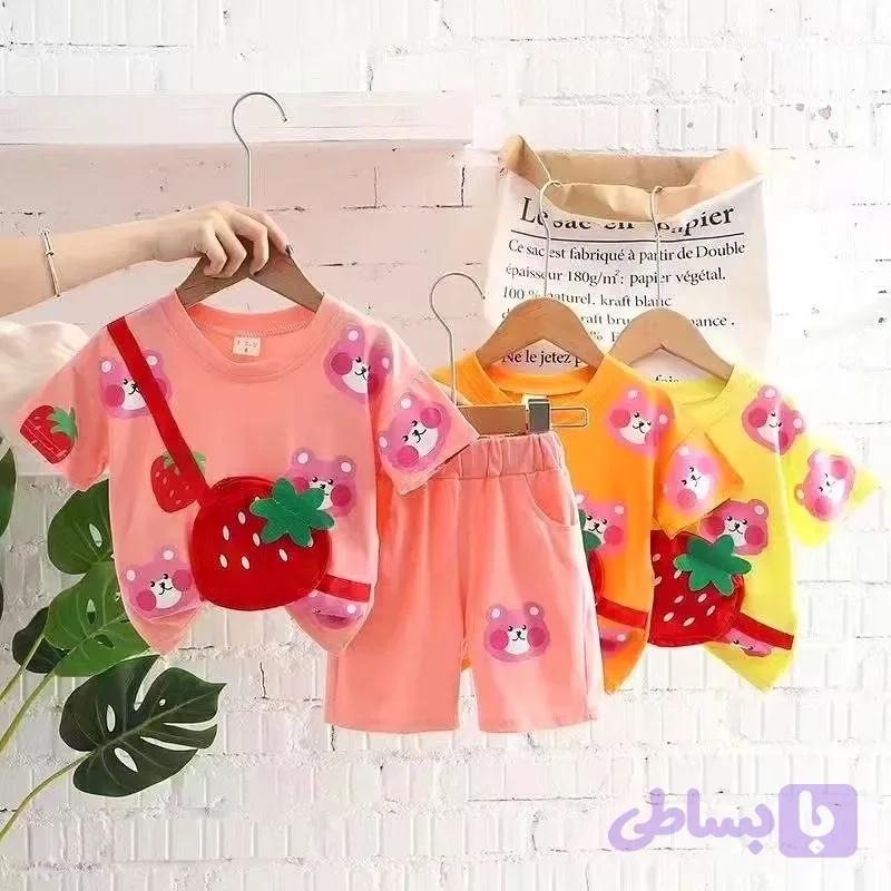 ست تیشرت و شلوارک بچگانه طرح توت فرنگی جنس نخ پنبه وارداتی